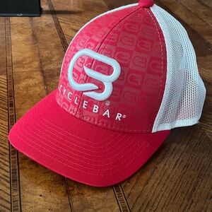 NWOT CycleBar Red and White Mesh baseball hat with Velcro back.